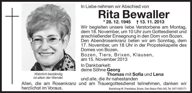  Traueranzeige für Rita Bewaller vom 15.11.2013 aus Dolomiten