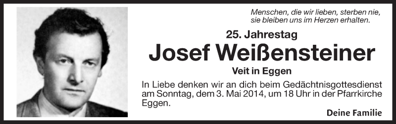  Traueranzeige für Josef Weißensteiner vom 29.04.2014 aus Dolomiten