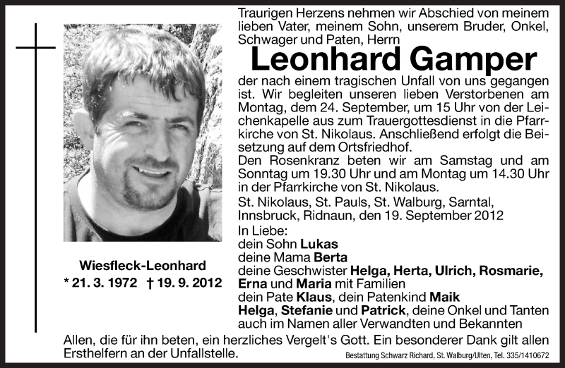  Traueranzeige für Leonhard Gamper vom 22.09.2012 aus Dolomiten