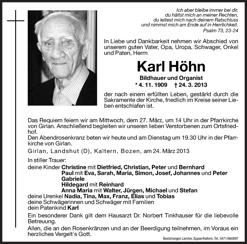  Traueranzeige für Karl Höhn vom 25.03.2013 aus Dolomiten