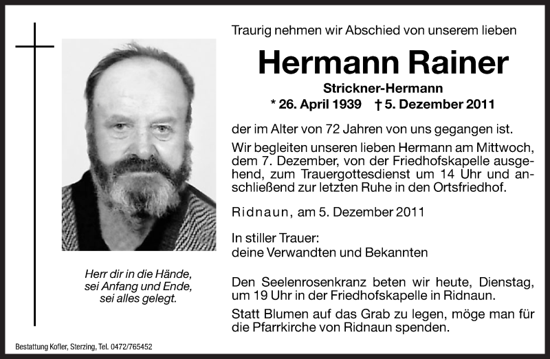  Traueranzeige für Hermann Rainer vom 06.12.2011 aus Dolomiten