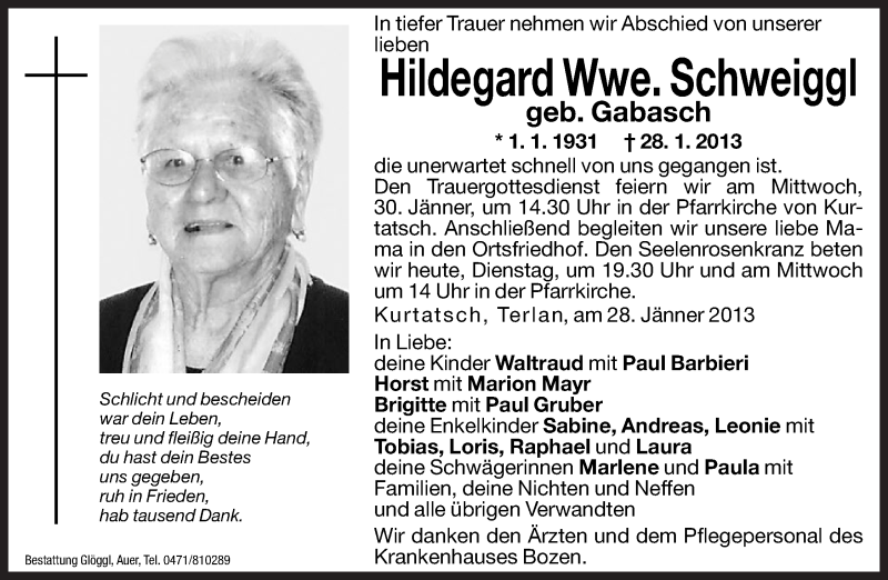  Traueranzeige für Hildegard Gabasch vom 29.01.2013 aus Dolomiten