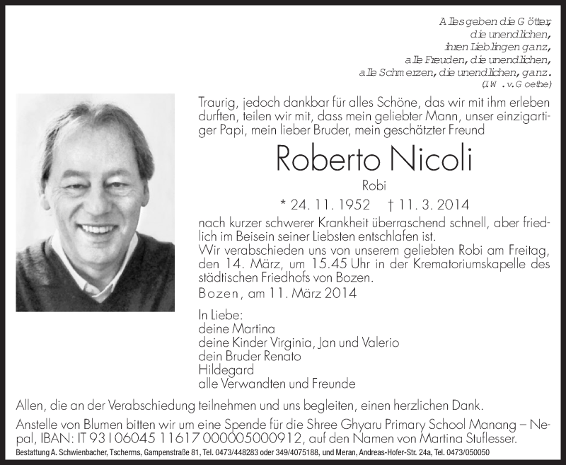  Traueranzeige für Roberto Nicoli vom 13.03.2014 aus Dolomiten