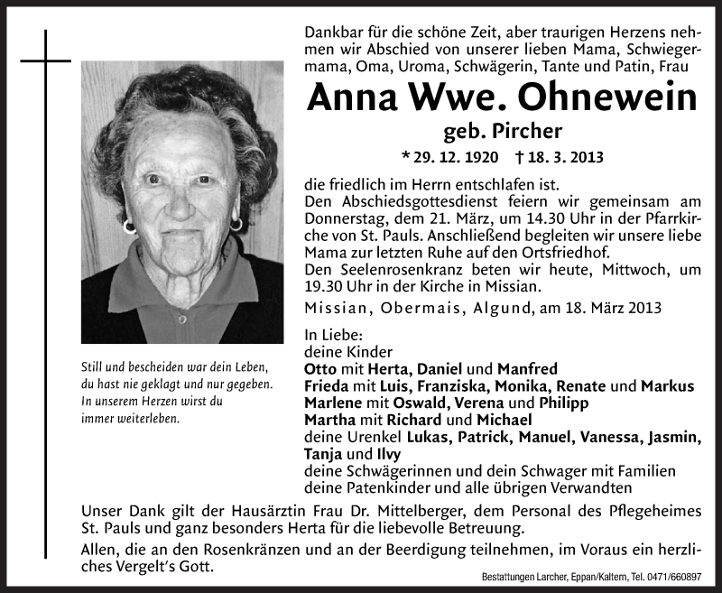  Traueranzeige für Anna Ohnewein vom 20.03.2013 aus Dolomiten