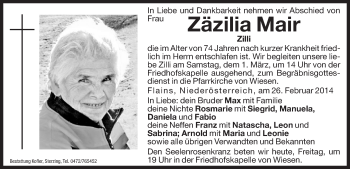 Traueranzeige von Zäzilia Mair von Dolomiten