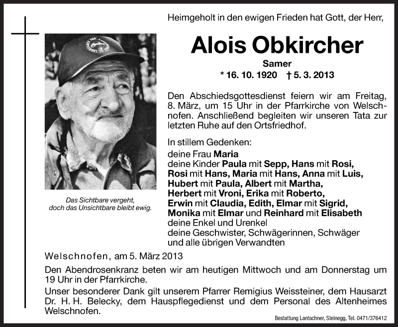  Traueranzeige für Alois Obkircher vom 06.03.2013 aus Dolomiten