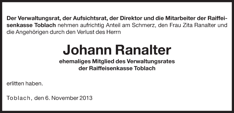  Traueranzeige für Johann Ranalter vom 07.11.2013 aus Dolomiten