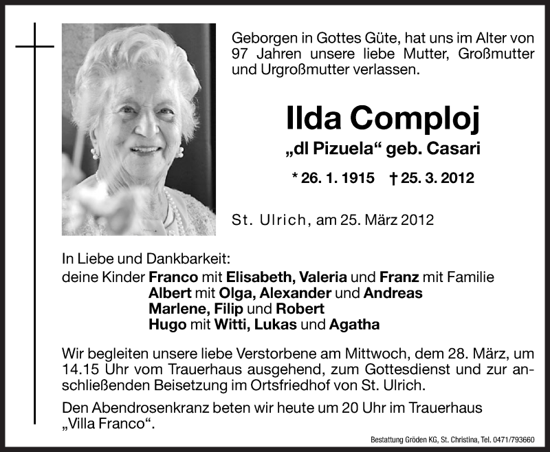  Traueranzeige für Ilda Comploj vom 27.03.2012 aus Dolomiten