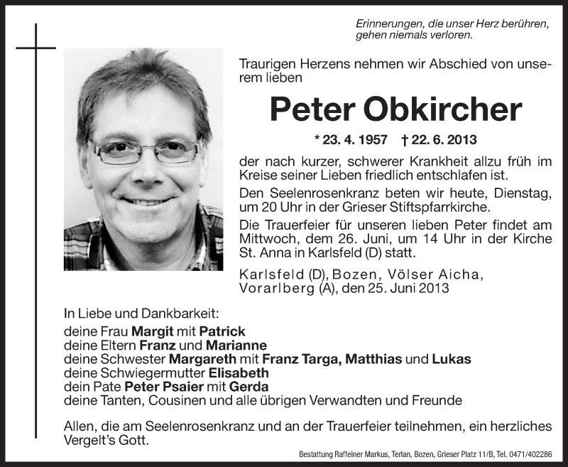  Traueranzeige für Peter Obkircher vom 25.06.2013 aus Dolomiten