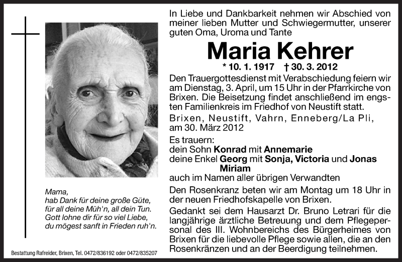  Traueranzeige für Maria Kehrer vom 31.03.2012 aus Dolomiten