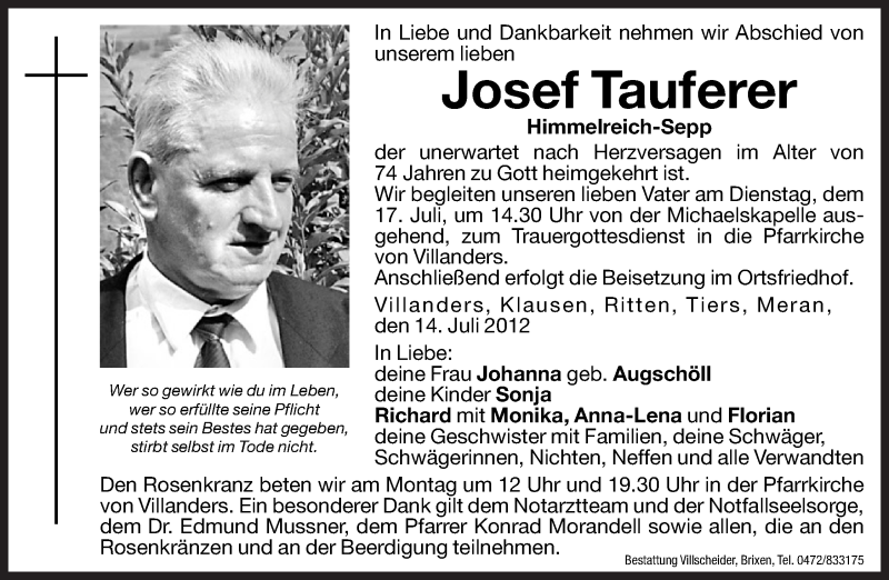  Traueranzeige für Josef Tauferer vom 16.07.2012 aus Dolomiten