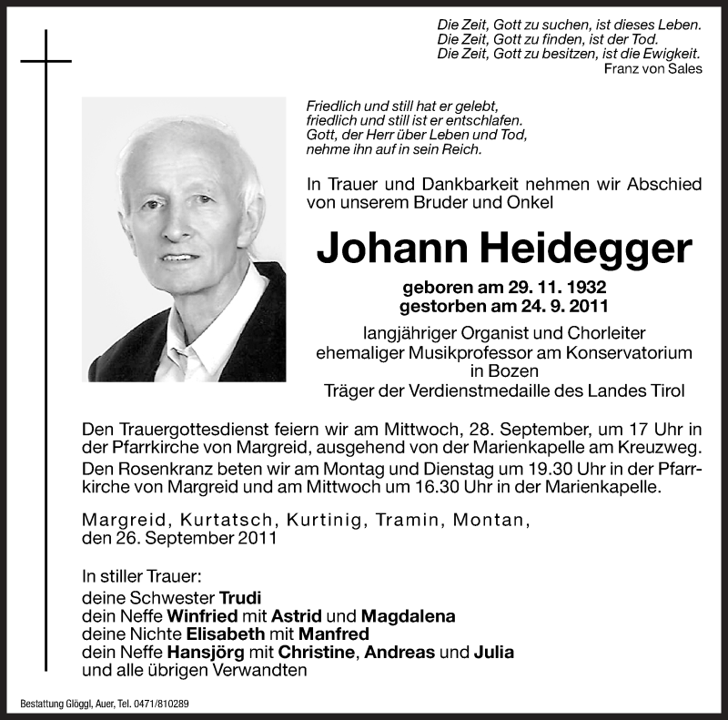  Traueranzeige für Johann Heidegger vom 26.09.2011 aus Dolomiten