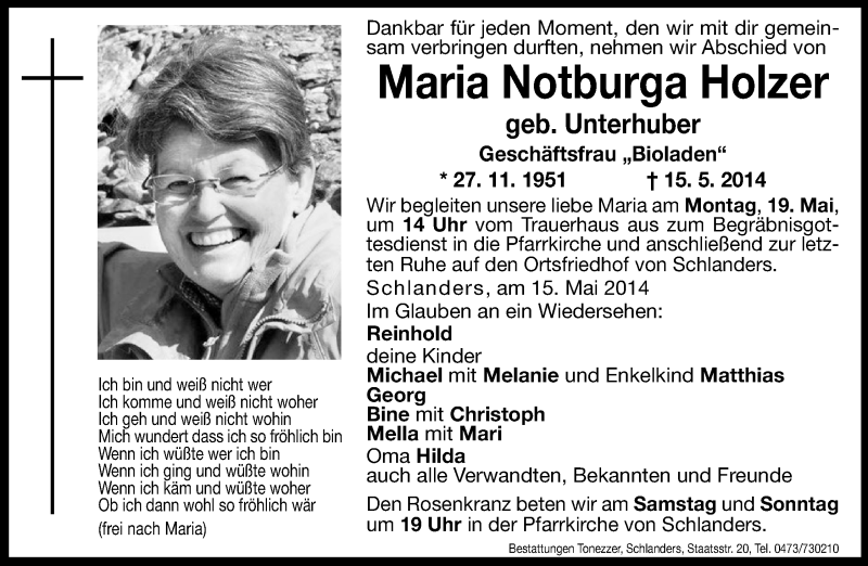  Traueranzeige für Maria Holzer vom 16.05.2014 aus Dolomiten