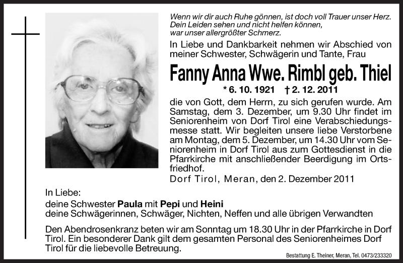  Traueranzeige für Fanny Anna Rimbl vom 03.12.2011 aus Dolomiten