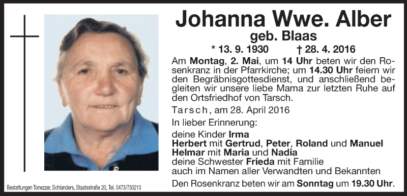  Traueranzeige für Johanna Blaas vom 29.04.2016 aus Dolomiten