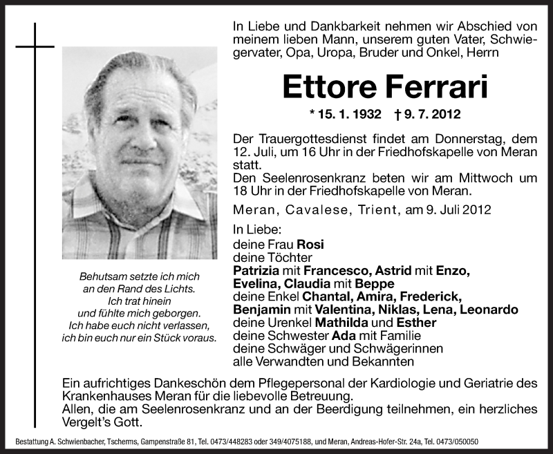  Traueranzeige für Ettore Ferrari vom 10.07.2012 aus Dolomiten