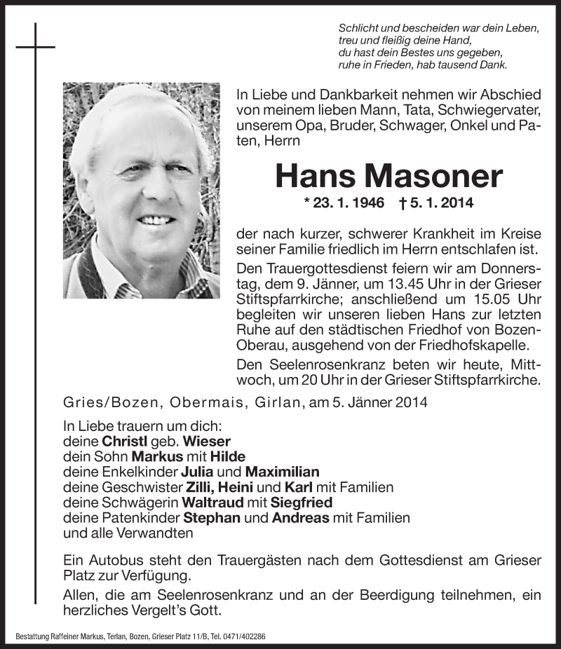  Traueranzeige für Hans Masoner vom 08.01.2014 aus Dolomiten