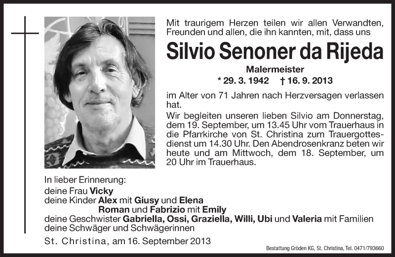  Traueranzeige für Silvio Senoner da Rijeda vom 17.09.2013 aus Dolomiten