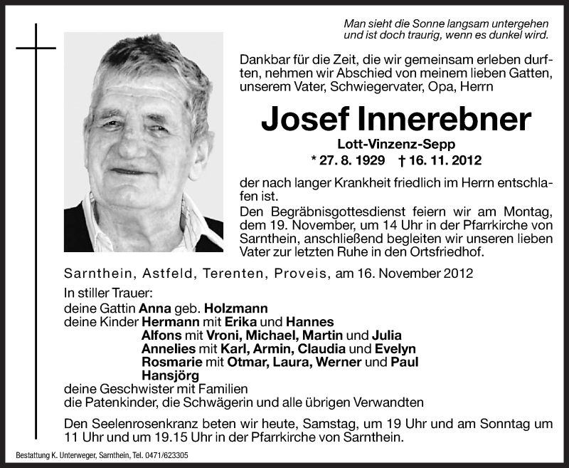  Traueranzeige für Josef Innerebner vom 17.11.2012 aus Dolomiten