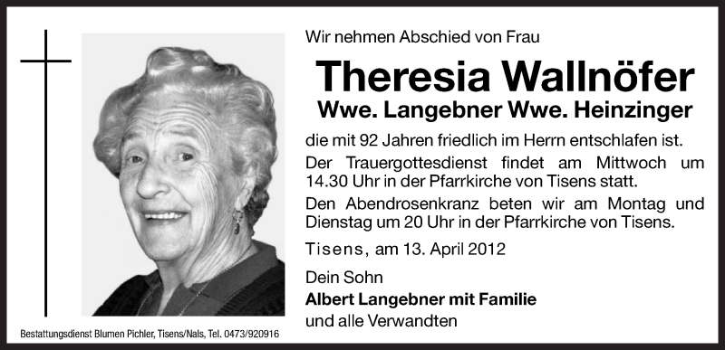  Traueranzeige für Theresia Langebner vom 16.04.2012 aus Dolomiten