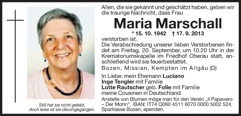  Traueranzeige für Maria Marschall vom 19.09.2013 aus Dolomiten