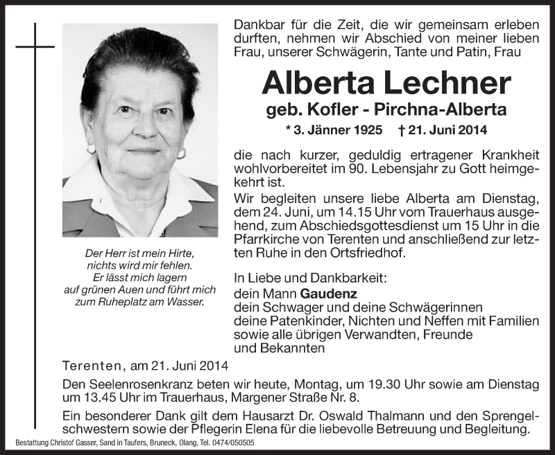  Traueranzeige für Alberta Lechner vom 23.06.2014 aus Dolomiten