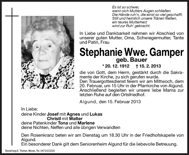  Traueranzeige für Stephanie Gamper vom 18.02.2013 aus Dolomiten