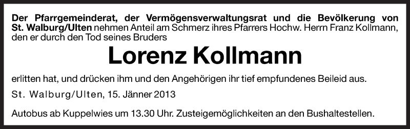  Traueranzeige für Lorenz Kollmann vom 16.01.2013 aus Dolomiten