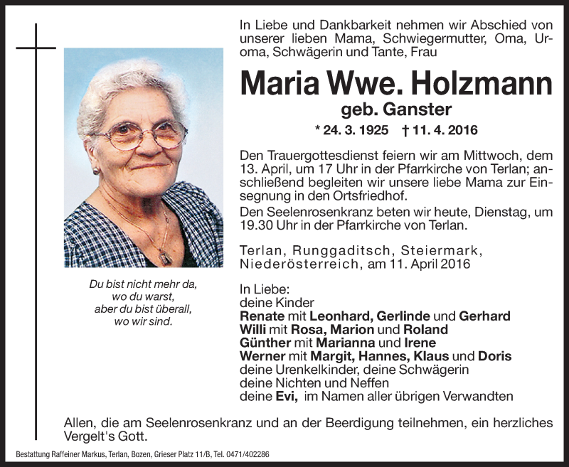  Traueranzeige für Maria Holzmann vom 12.04.2016 aus Dolomiten