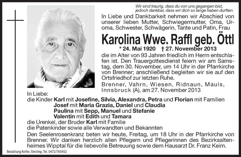  Traueranzeige für Karolina Raffl vom 29.11.2013 aus Dolomiten