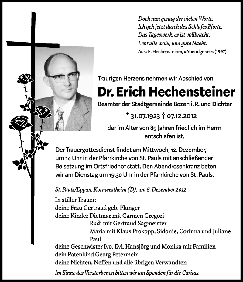  Traueranzeige für Erich Hechensteiner vom 10.12.2012 aus Dolomiten