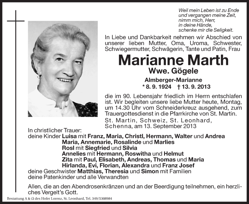  Traueranzeige für Marianne Gögele vom 16.09.2013 aus Dolomiten