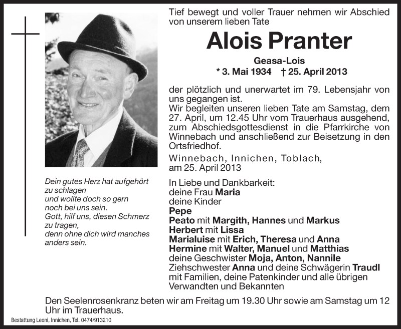  Traueranzeige für Alois Pranter vom 26.04.2013 aus Dolomiten