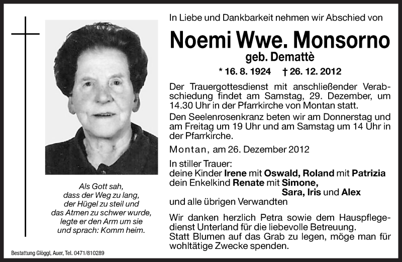  Traueranzeige für Noemi Monsorno vom 27.12.2012 aus Dolomiten