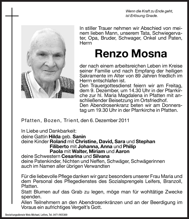  Traueranzeige für Renzo Mosna vom 07.12.2011 aus Dolomiten