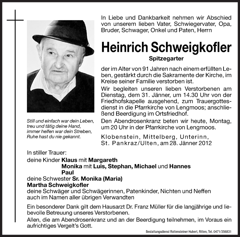  Traueranzeige für Heinrich Schweigkofler vom 30.01.2012 aus Dolomiten