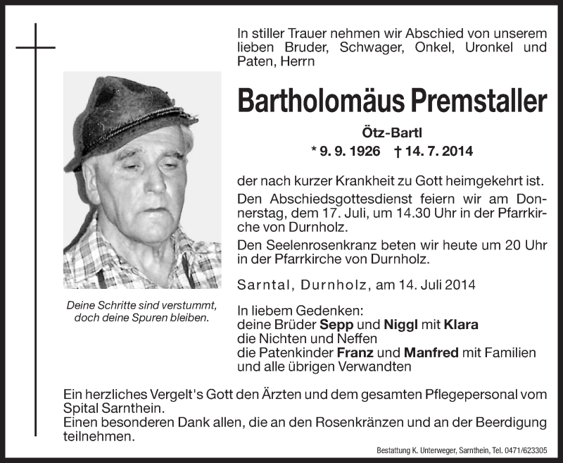  Traueranzeige für Bartholomäus Premstaller vom 16.07.2014 aus Dolomiten