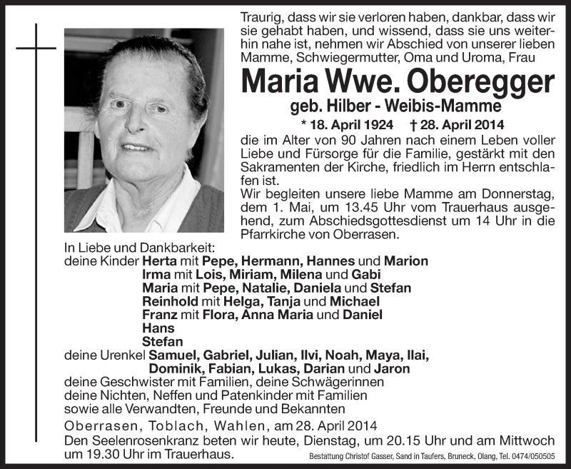  Traueranzeige für Maria Oberegger vom 29.04.2014 aus Dolomiten