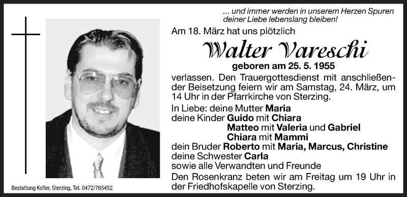  Traueranzeige für Walter Vareschi vom 22.03.2012 aus Dolomiten