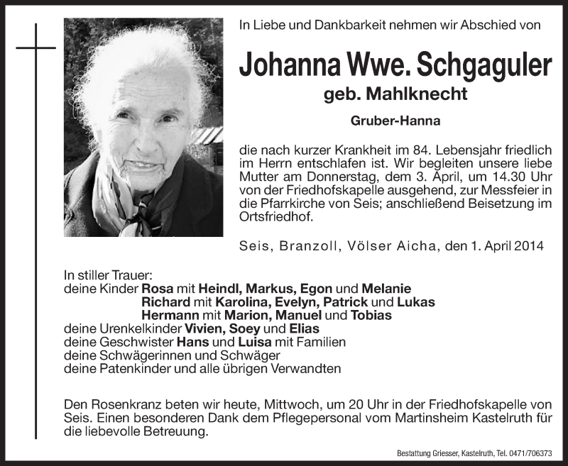  Traueranzeige für Johanna Mahlknecht vom 02.04.2014 aus Dolomiten