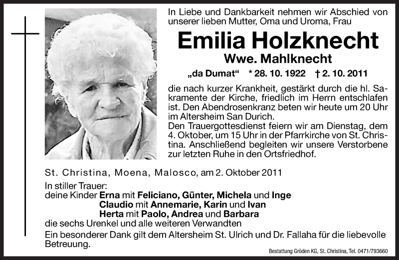  Traueranzeige für Emilia Mahlknecht vom 03.10.2011 aus Dolomiten