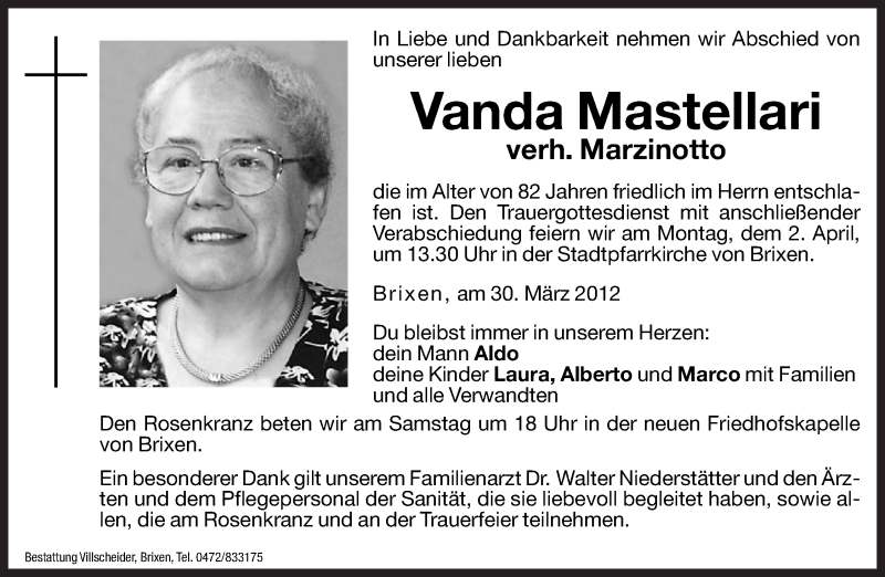  Traueranzeige für Vanda Marzinotto vom 31.03.2012 aus Dolomiten