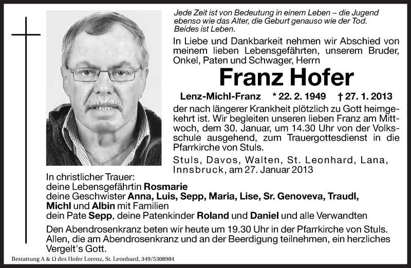  Traueranzeige für Franz Hofer vom 29.01.2013 aus Dolomiten