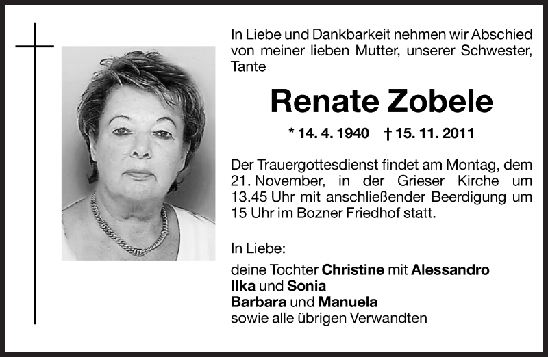  Traueranzeige für Renate Zobele vom 17.11.2011 aus Dolomiten