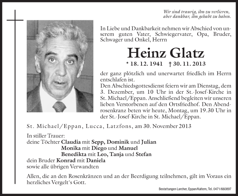  Traueranzeige für Heinz Glatz vom 02.12.2013 aus Dolomiten