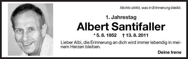  Traueranzeige für Albert Santifaller vom 10.08.2012 aus Dolomiten