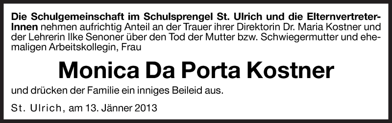  Traueranzeige für Monica Da Porta Kostner vom 15.01.2013 aus Dolomiten