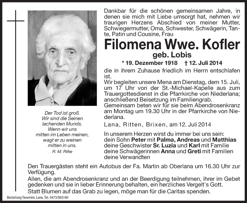  Traueranzeige für Filomena Kofler vom 14.07.2014 aus Dolomiten