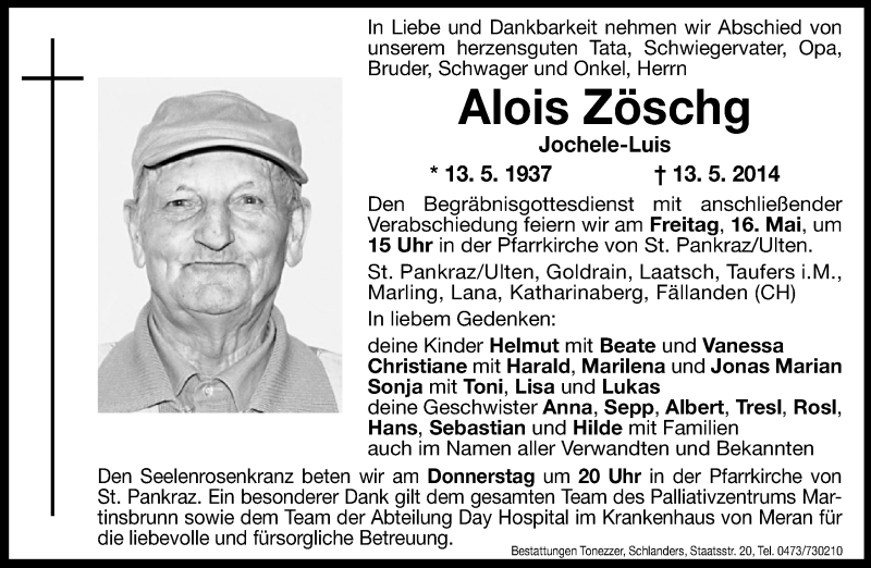  Traueranzeige für Alois Zöschg vom 15.05.2014 aus Dolomiten