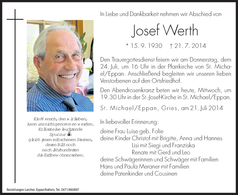  Traueranzeige für Josef Werth vom 23.07.2014 aus Dolomiten